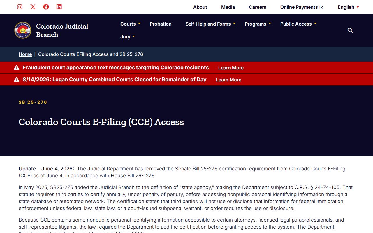 Bent County court calendar context from the 2026 Colorado e-filing update