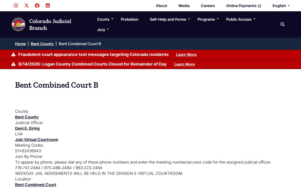 Bent County court calendar virtual courtroom B information