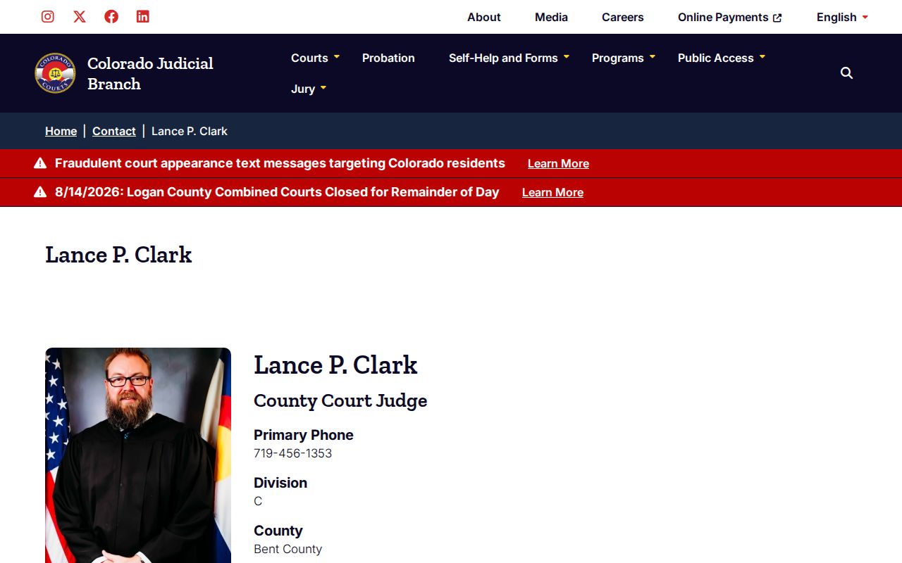 Bent County criminal docket judge profile from the Colorado Judicial Branch