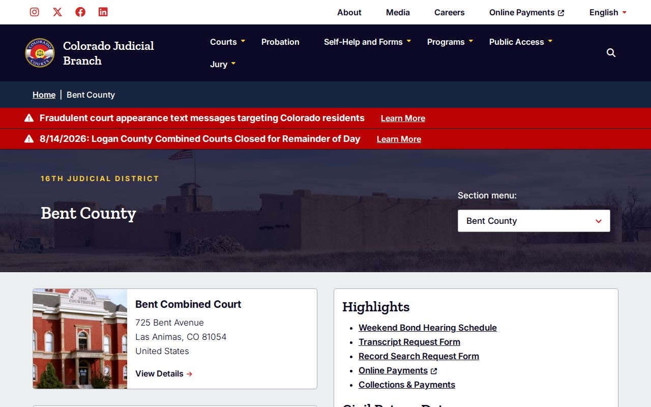Bent County court docket information on the official county court page