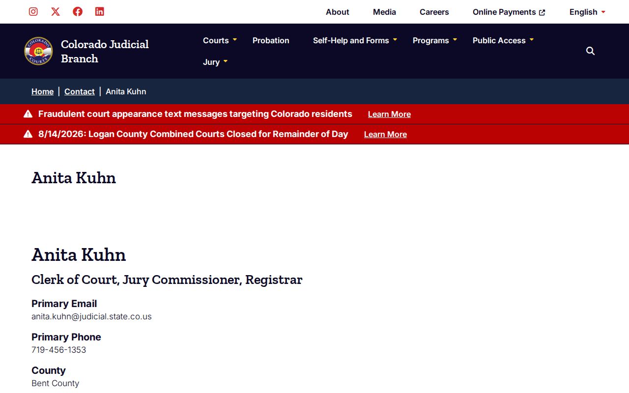 Bent County Clerk of Court information for court docket records