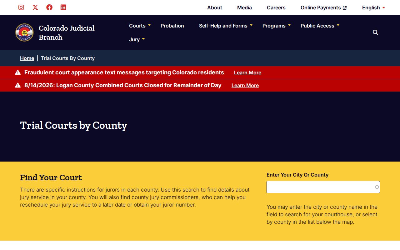 Colorado trial court locator used to identify Bent County court docket offices