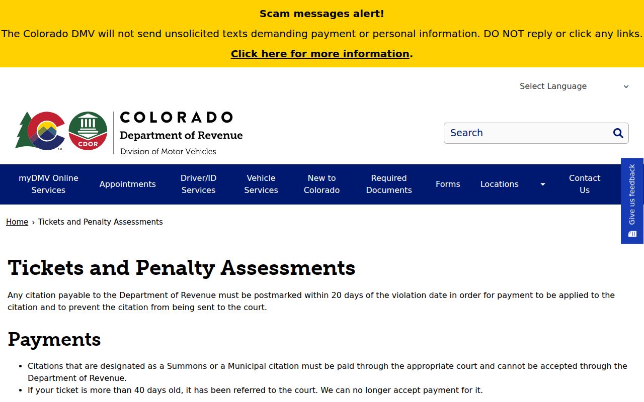 Bent County traffic ticket penalty assessment rules from Colorado DOR