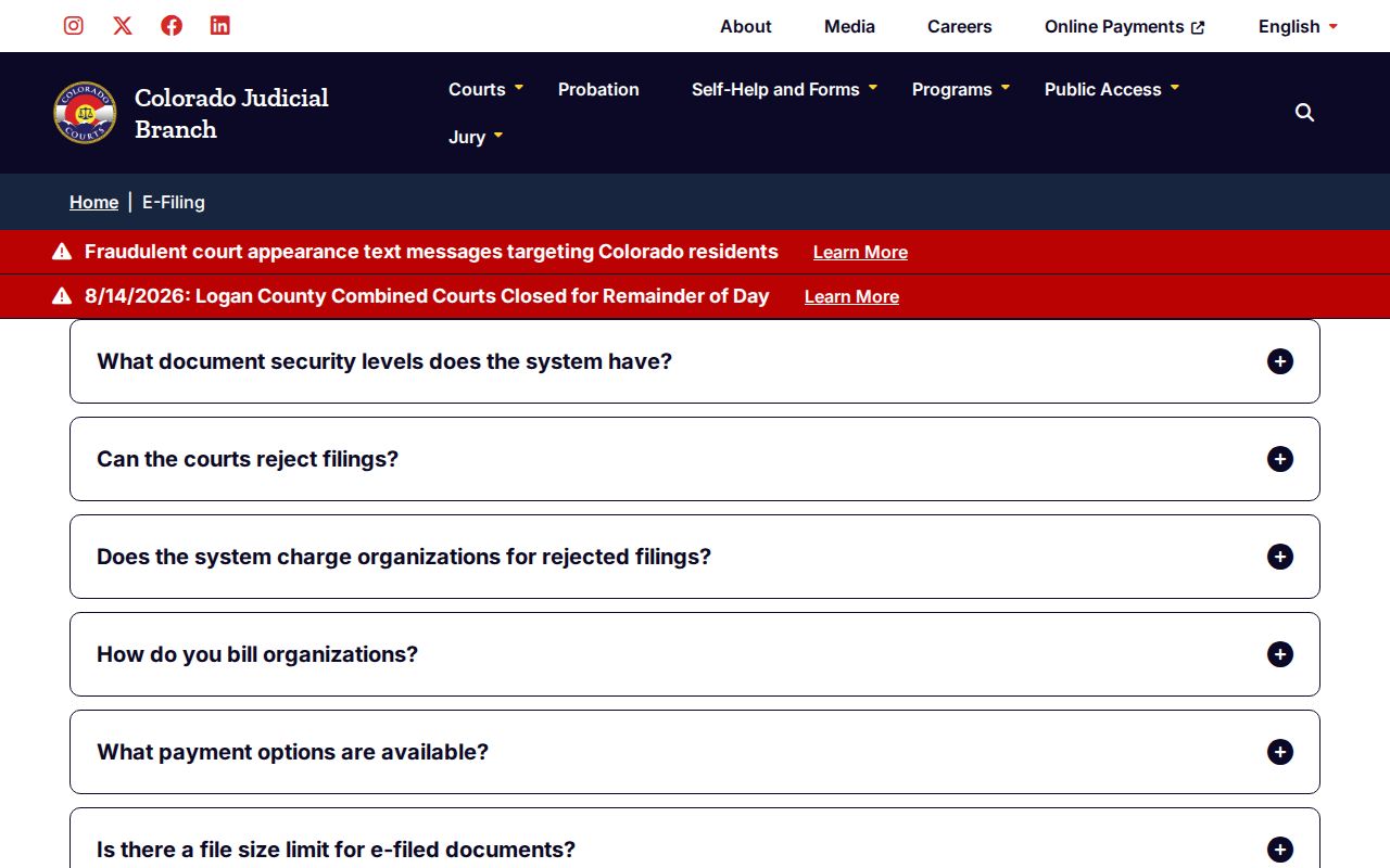 Bent County court record security levels in Colorado Courts E-Filing