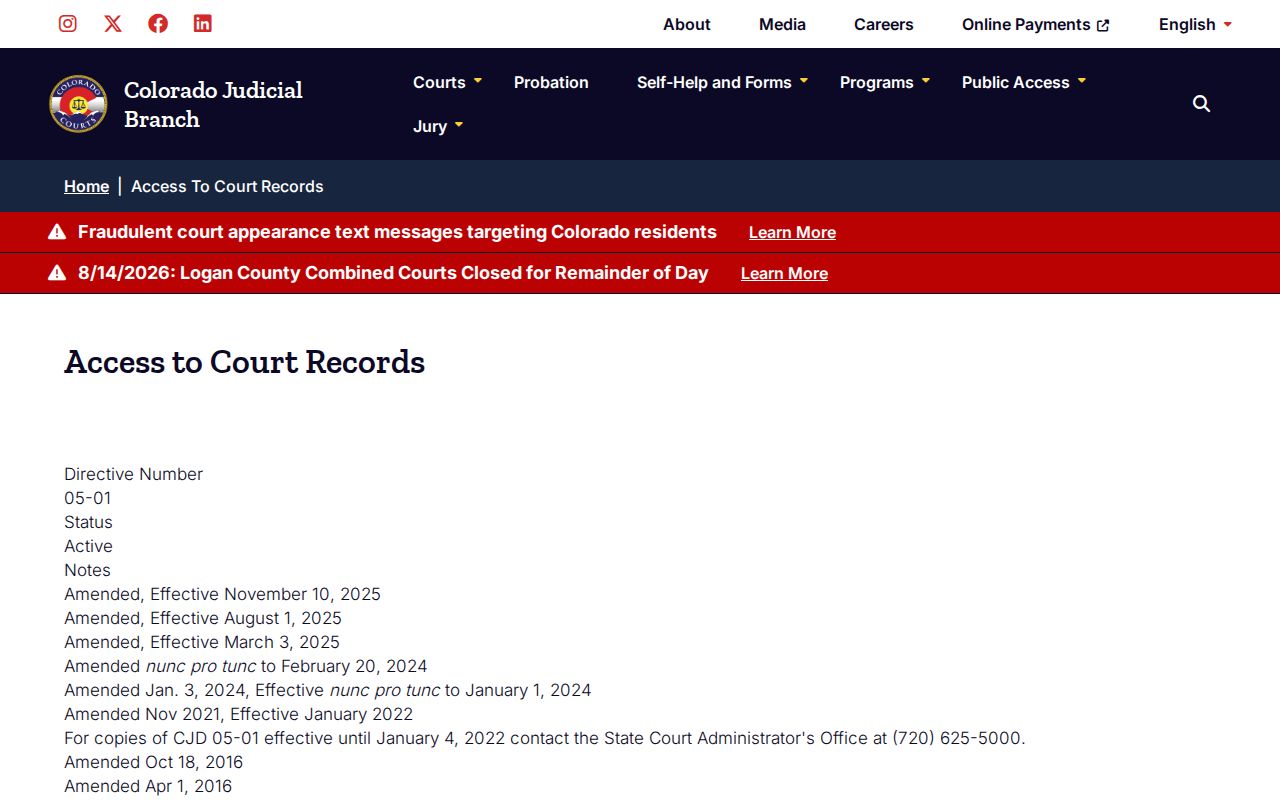 Bent County court record access directive CJD 05-01