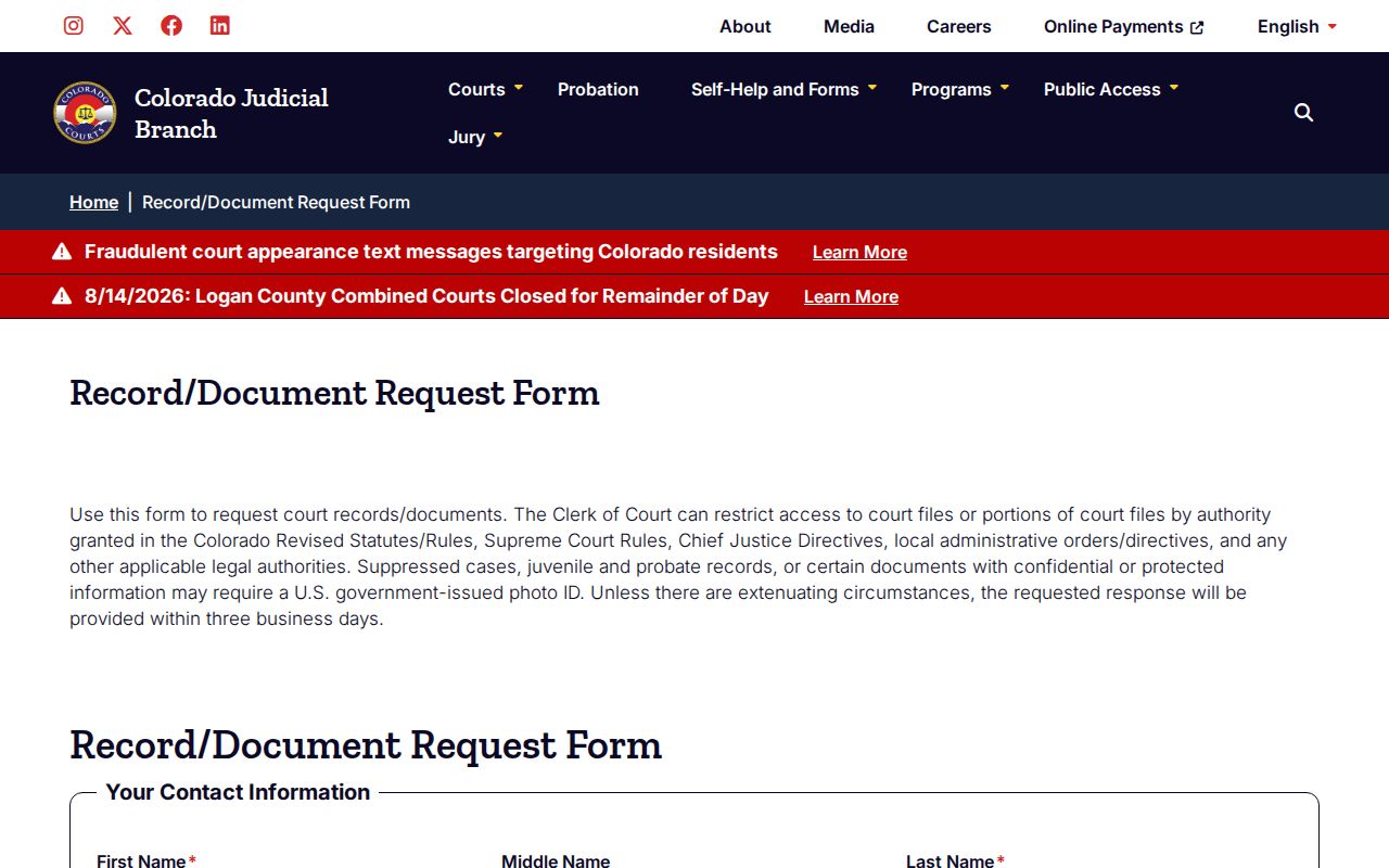 Bent County court record and document request form