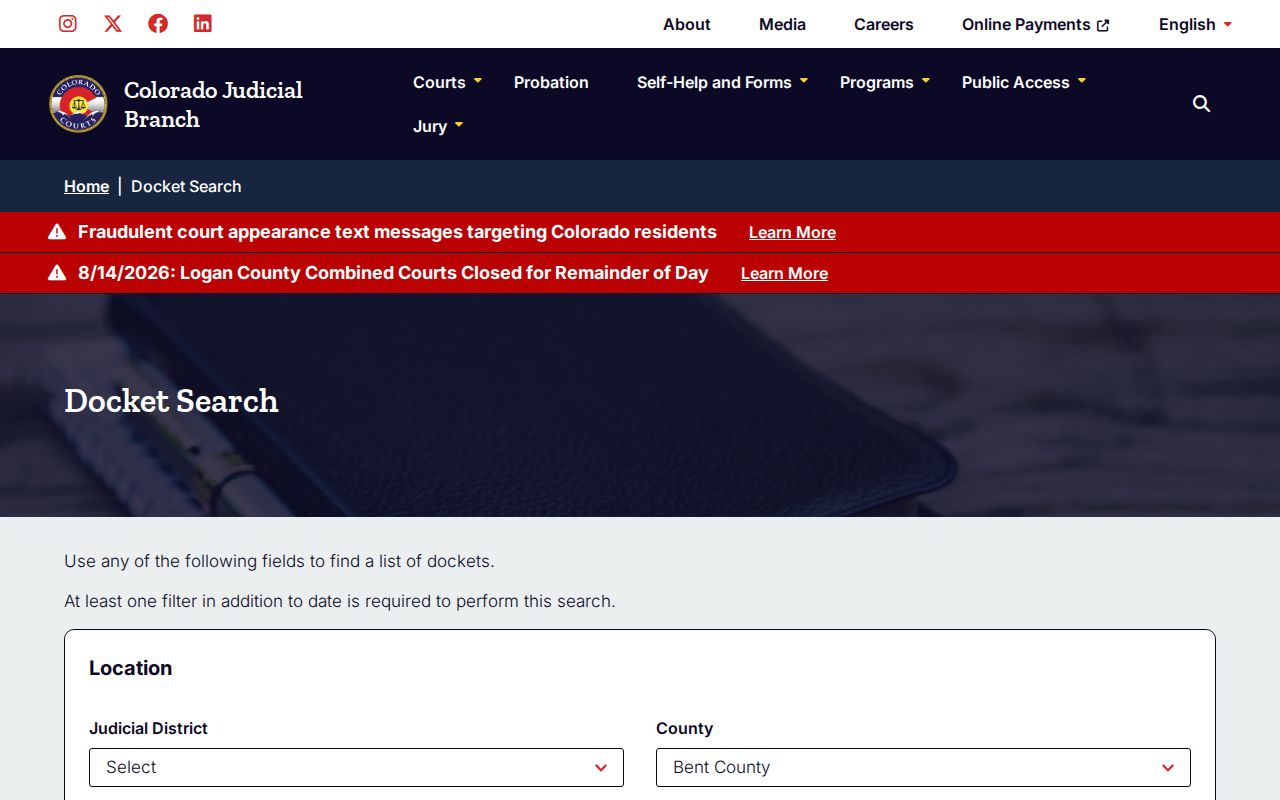 Bent County case lookup with the Bent-filtered docket search