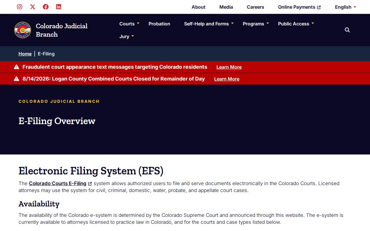 Bent County case lookup boundary at Colorado Courts E-Filing
