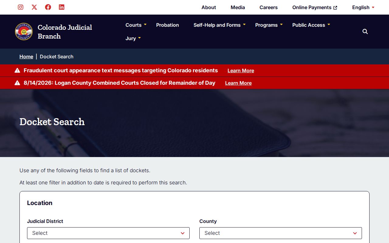 Bent County case search modes in the statewide docket interface